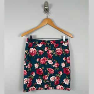 Forever 21 Rose Print Teal Bodycon Zipper Mini Skirt L